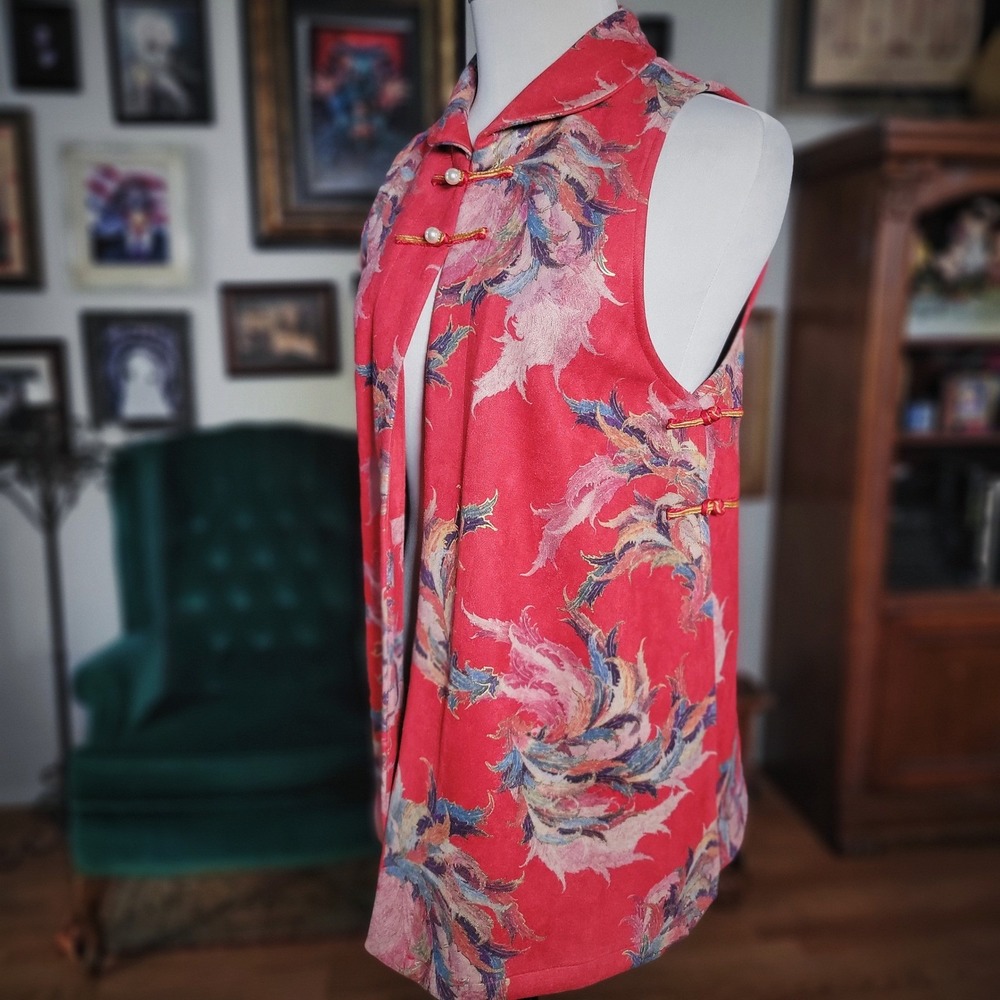Han Tang Yuan Vest Red Floral Tapestry Pearl Frog Closure Sleeveless Jacket NEW - Picture 4 of 8